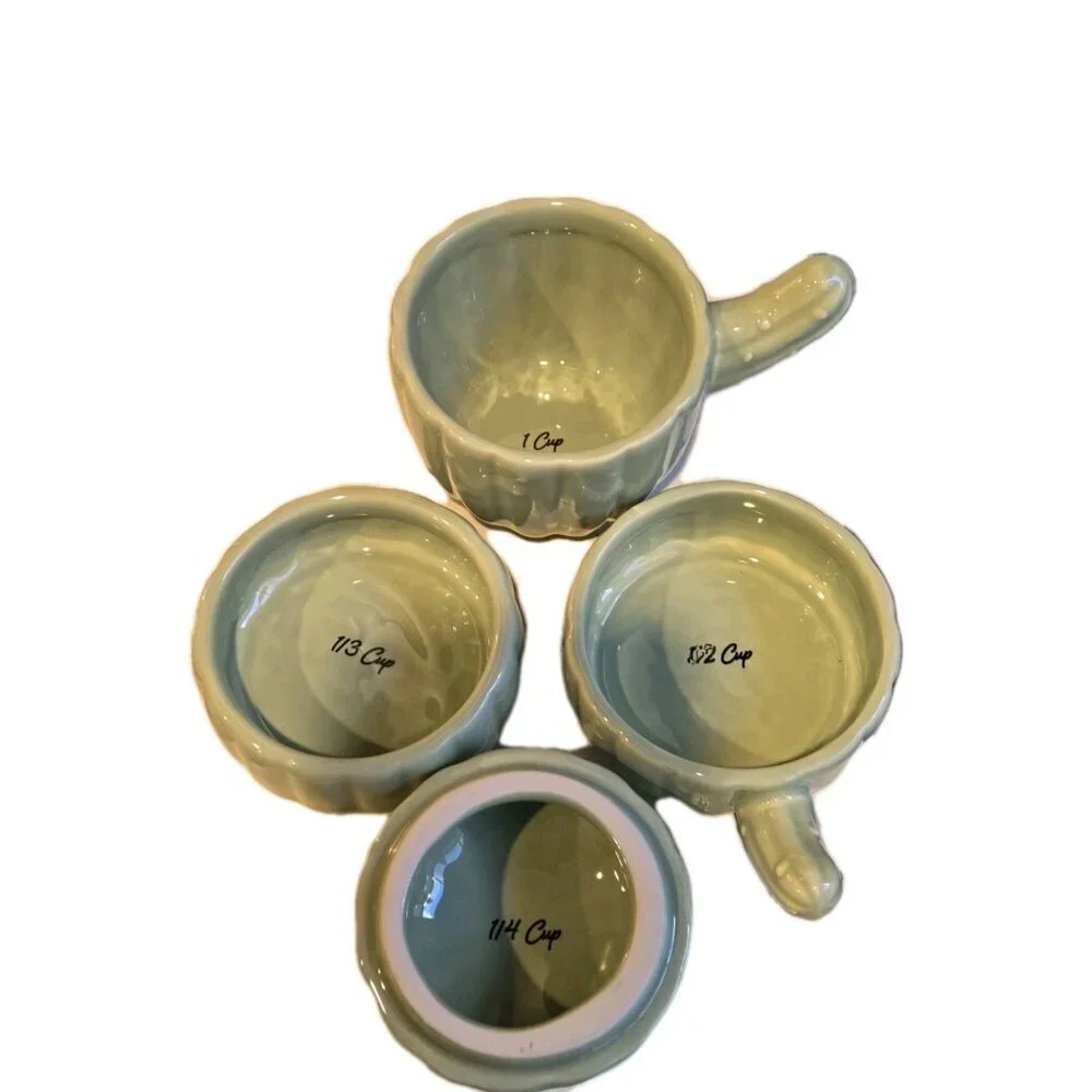 New Cermatic Green & Pink Catus W/ Flower 4 Stackable Kitchen Measuring Cups